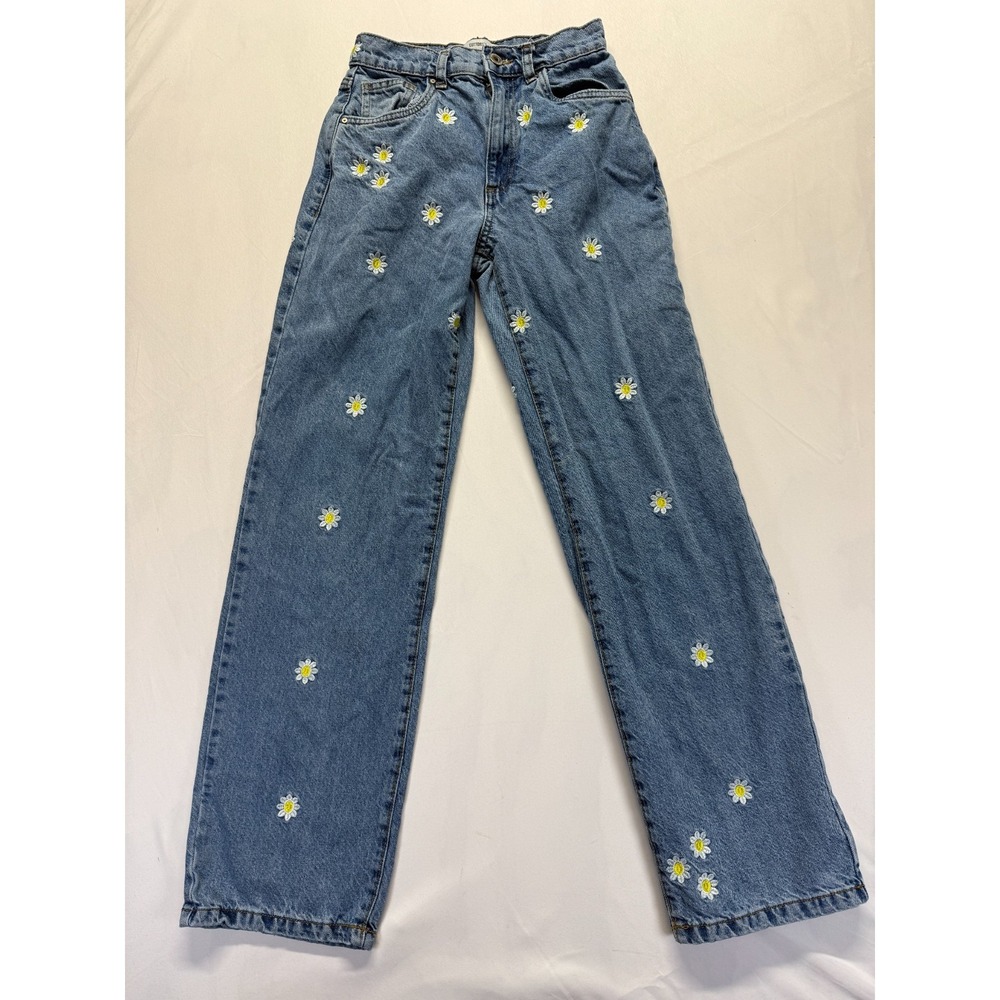 Cotton On Loose Straight Jeans‎ Womens 2 Blue Denim Mid Rise Embroidered Daisy